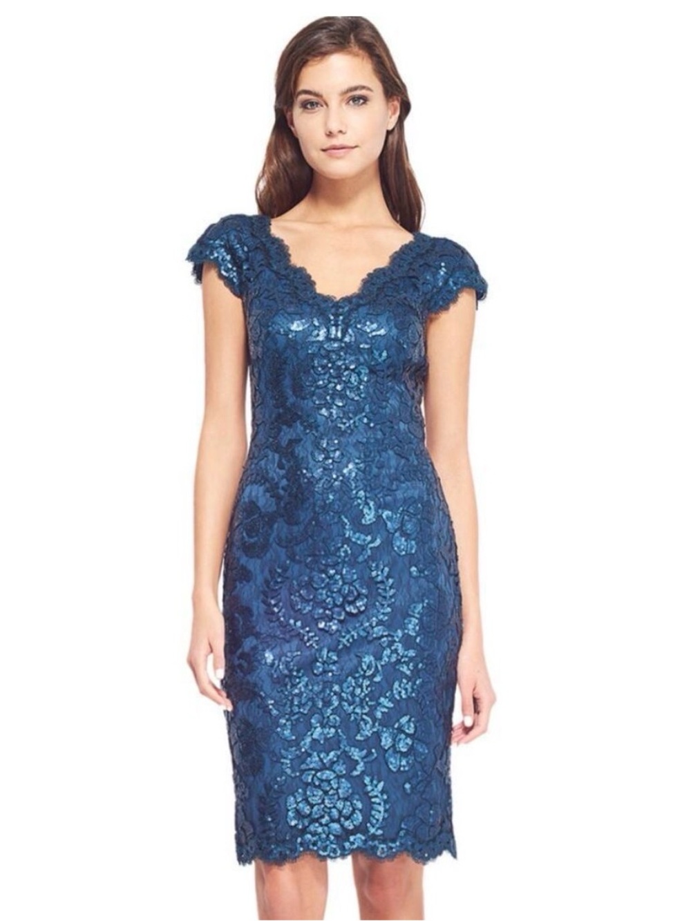 Tadashi Shoji Paillette Embroidered Lace V-Neck Cap Sleeve Dress